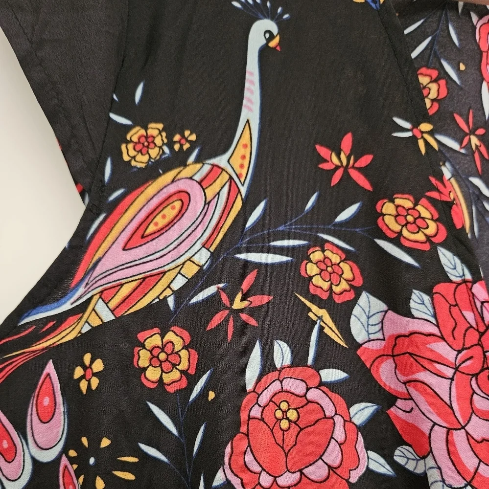 Wish V-Neck Peacock Floral Print Flare Sleeve Bohemian cotton blend Dress size S - Picture 11 of 13